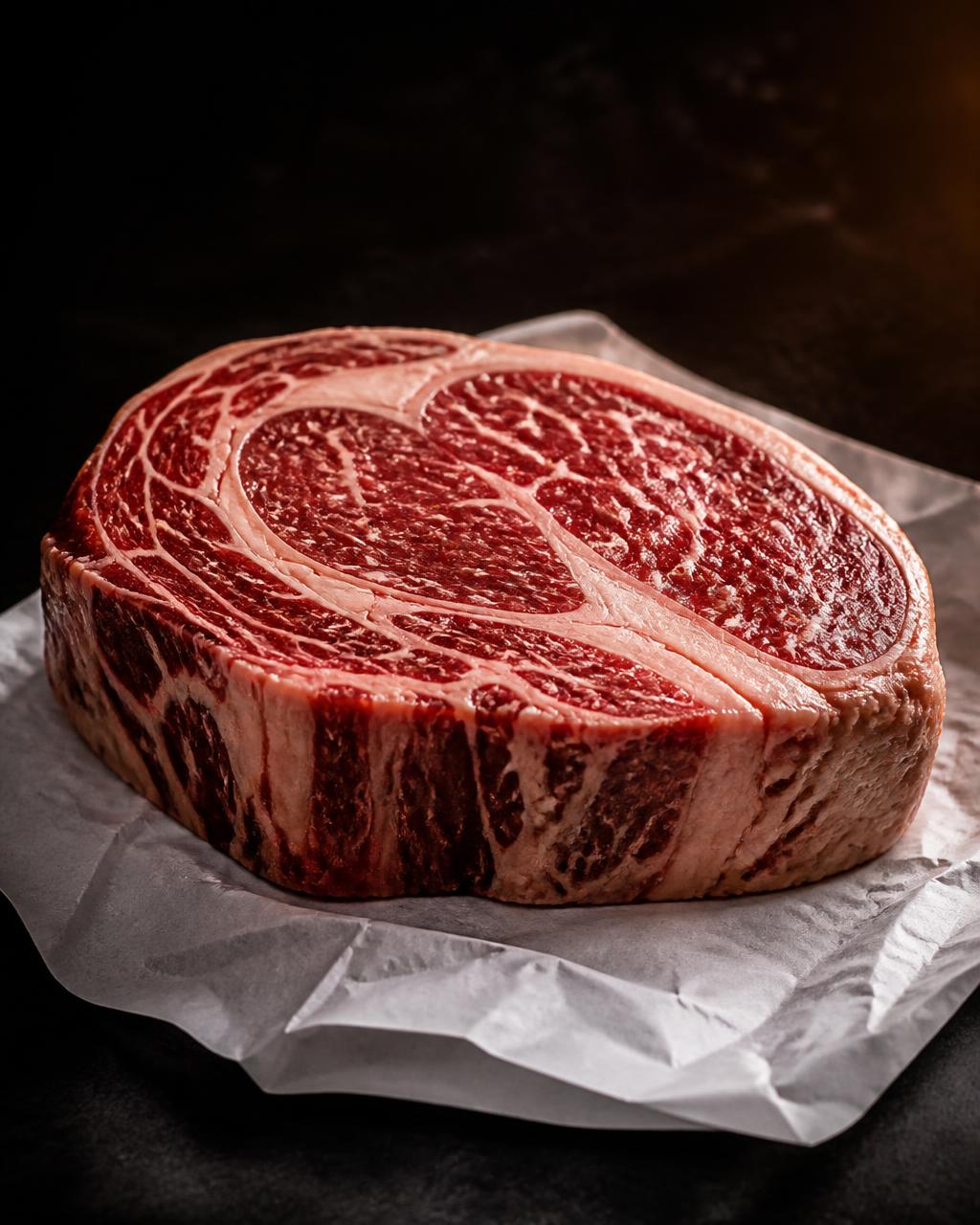 Thick marbled raw ribeye steak resting on butcher paper