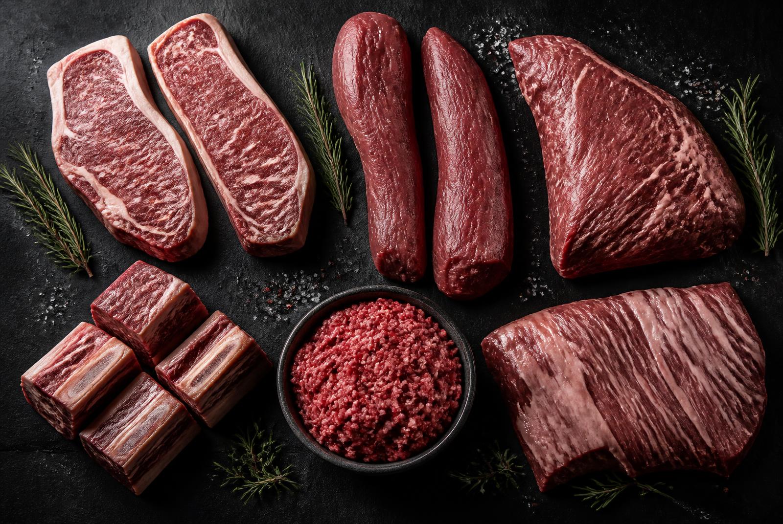 Flat lay of premium beef cuts including striploin, tenderloin, tri-tip, short ribs and ground beef