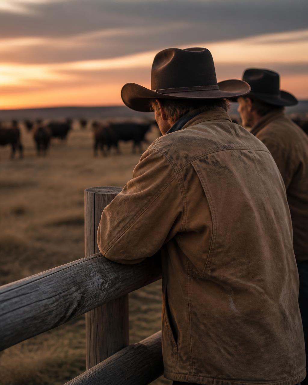 Ranchers leaning on a wooden pasture fence at dusk with cattle behind them